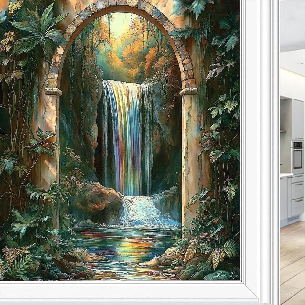 Rustic Waterfall Frosted Stained Glass Window Film - Colorful Forest Sun River Landscape Decorative Peel and Stick Adhesive Vinyl for Bathroom Privacy, Bedroom Home Decor, 35.4Wx63L inch