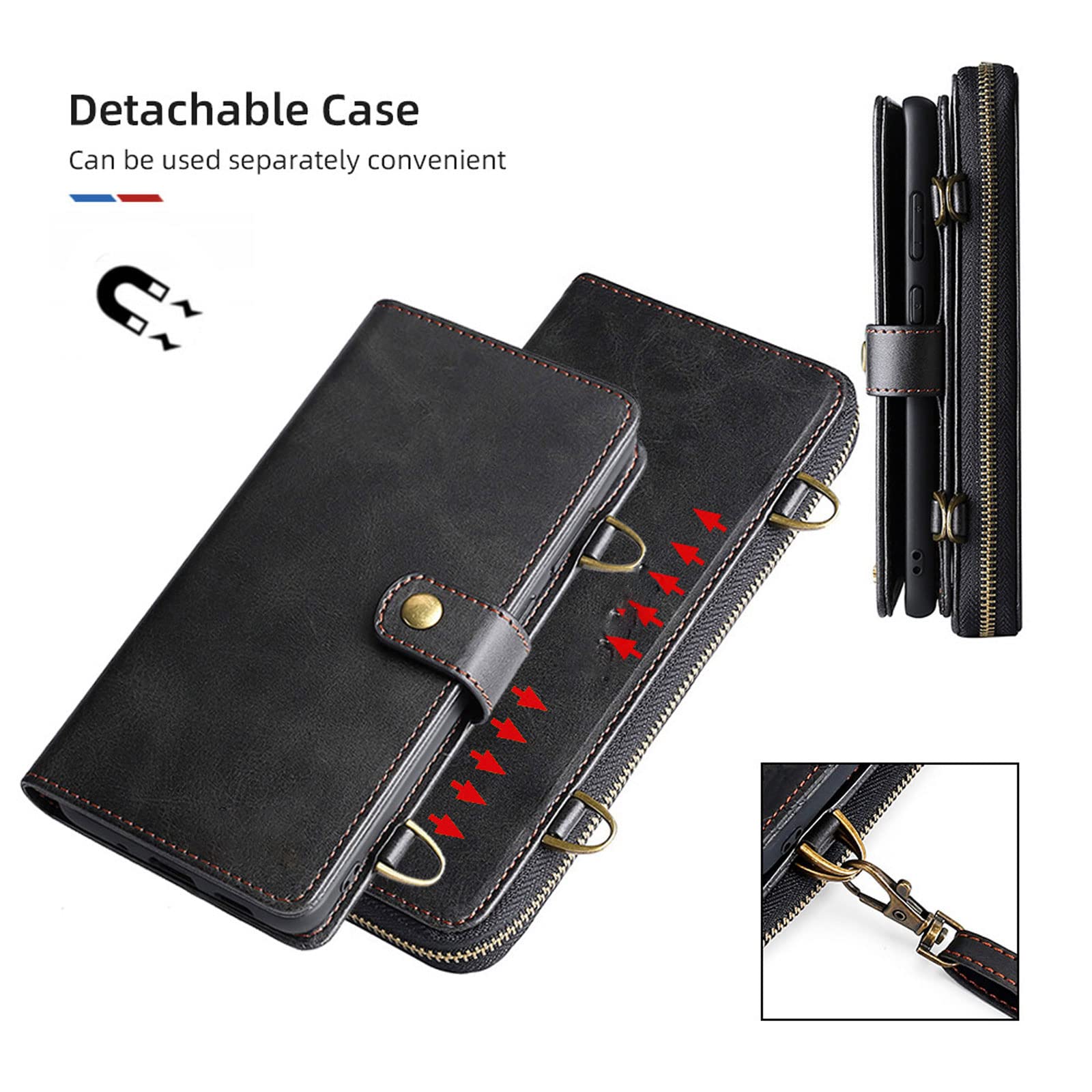 Etui do iPhone 14 / 14 Pro / 14 Plus / 14 Pro Max, klapki, zamek błyskawiczny, etui na telefon komórkowy, przegródka na karty, magnetyczne, odporne na zarysowania, czarne, 14 Pro 6,1"
