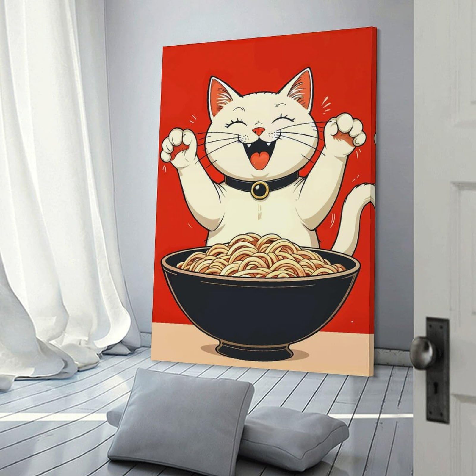 Junmoney Happy Cat with Noodles Canvas Wall Picture 24x36inch(60x90cm), for Entryway, Lounge Links Or Small Walls, Decorative Canvas Styling for Entry Areas