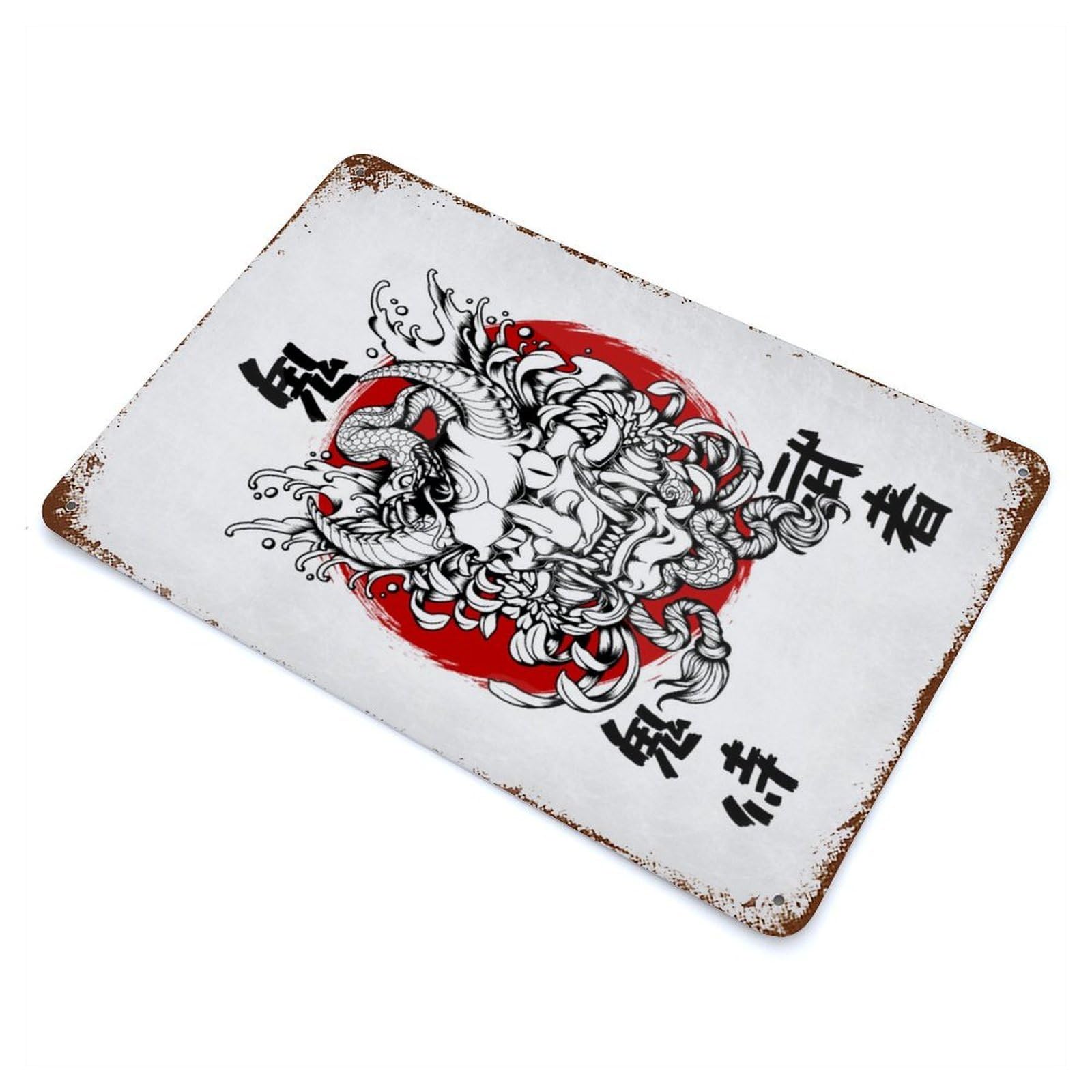 Garage Style Oni Mask Distressed Metal Wall Sign 11.8"x7.9", Novelty Wall Decor for Bar And Workshop