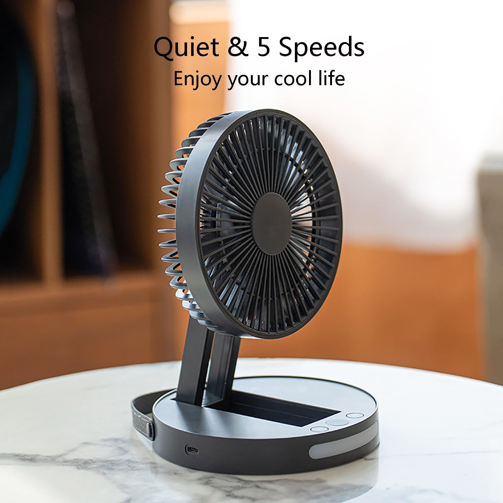 Ventilatore da tavolo portatile ricaricabile con luce notturna, ultra silenzioso, 5 velocità, design compatto per ufficio, dormitorio, viaggi, mini ventilatore pieghevole USB (bianco)