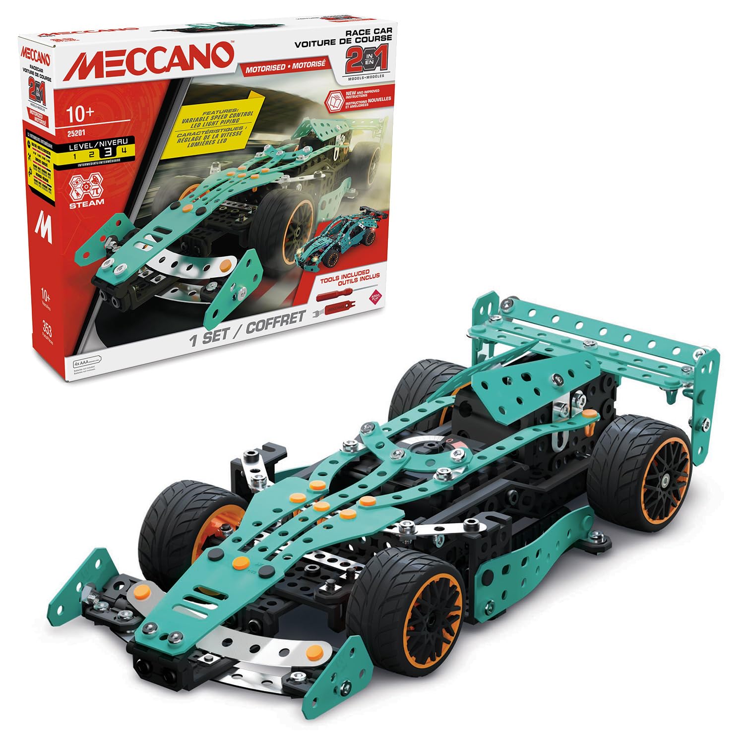 BANDAI - Meccano Voiture de Course 2 en 1 - Coffret de Construction 2 Modèles Formule 1-353 pièces, Outils, Notice - Kit Activité Assemblage Voitures F1 Supercar - Jouet Enfant 10 Ans et + -APM20108
