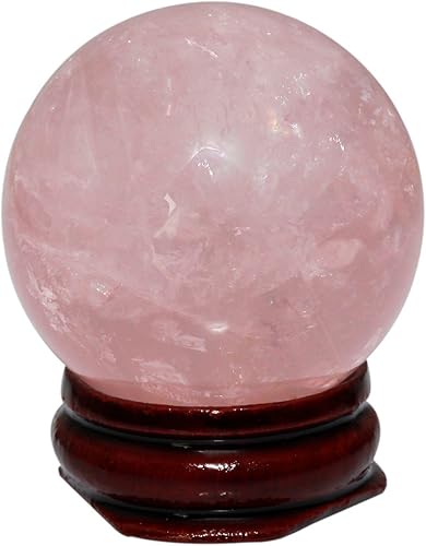 mookaitedecor Bola de cristal de cuarzo rosa natural con soporte de madera, escultura de esfera de cristales curativos para decoración del hogar,