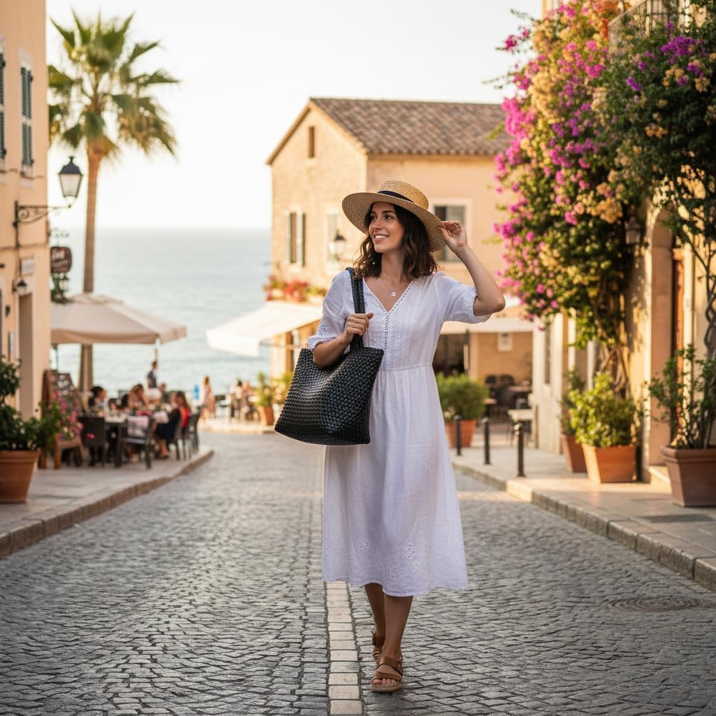 Woven Tote Bag for Women: Handwoven Vegan Leather Bag with Detachable Clutch for Effortless Vacation Outfits