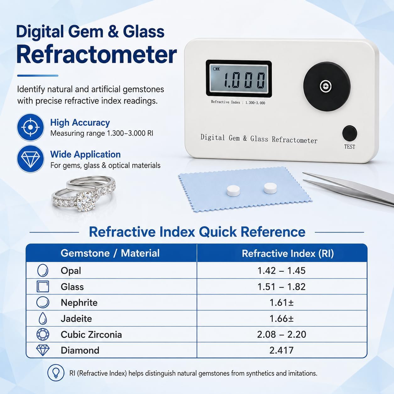 Refractómetro digital RI 1.300-3.000 con pantalla LCD