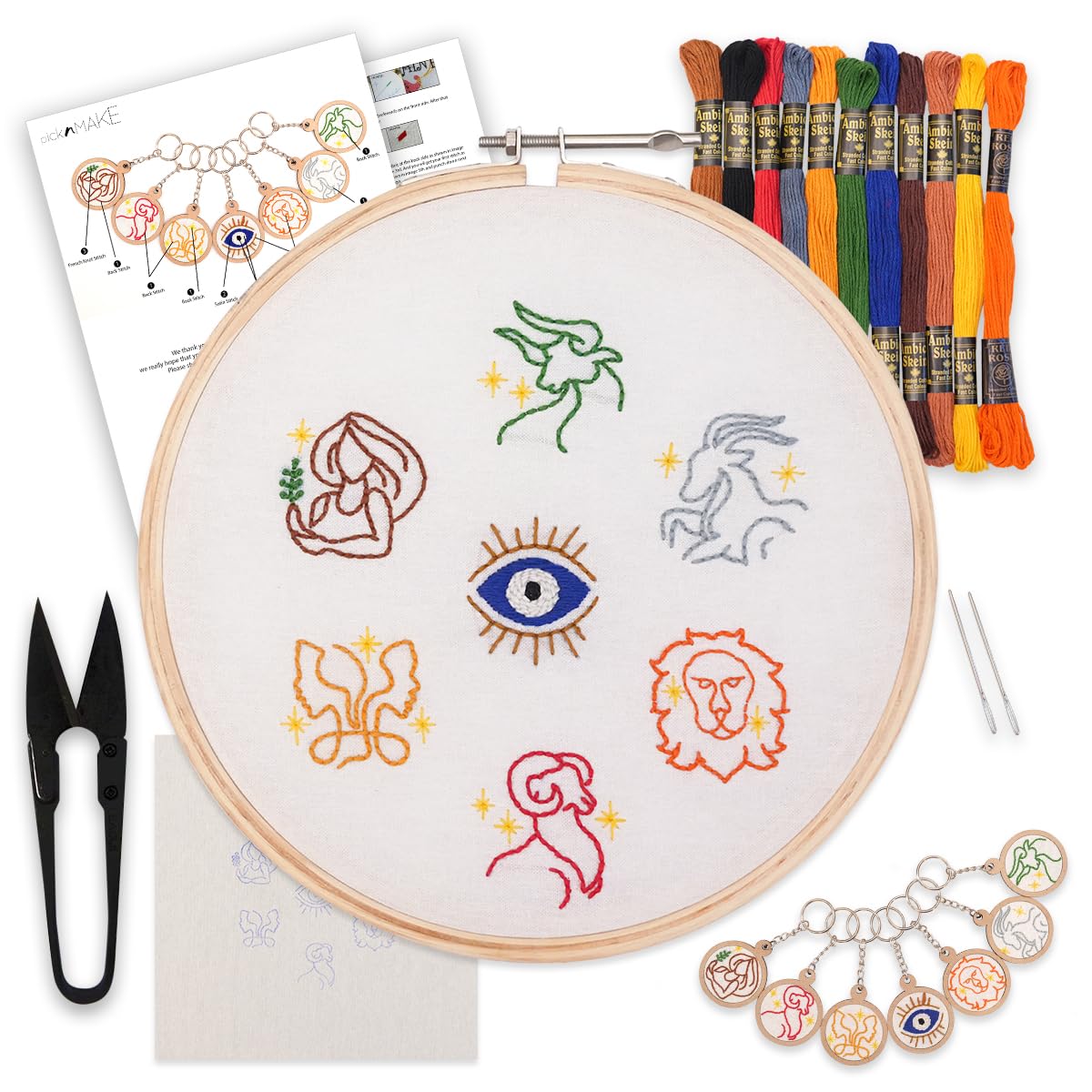 picknMAKE DIY Zodiac Sign Keychain Making Kit – Embroidery Kit for Beginners, Cross Stitch Kit for Beginners and Astrology Lovers – Includes Threads, Fabric, Hoop, Needles, and Key Loops-image-46