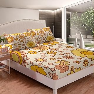 Kids Retro HippieÂ Flower Fitted Sheet 60SÂ 70SÂ Groovy Bedding Set for Boys Teens Vintage Boho Plant Floral Bed Sheet Set Orange Botanical Blossom Bedspread Cover Bedroom Queen Size