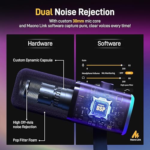 Miniatura 4 de MAONO - Micrófono dinámico USBXLR para juegos y streaming, micrófono para PC con software, RGB, botón de silencio, 48 kHz24 bits, de escritorio para