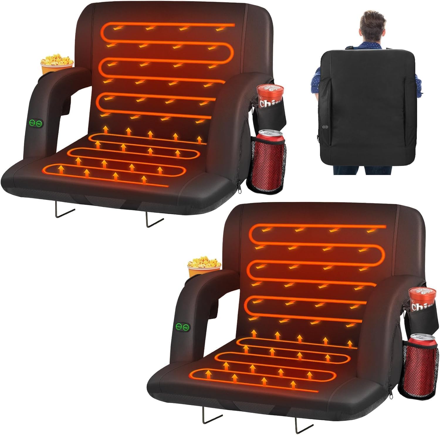 Extra Wide Heated Stadium Seat Cushion with Back Support - 3-Level Heating & Massage, 6 Recline Positions, Anti-Slip Base, Cup Holder, Storage Pockets - Portable Bleacher Chair Black, 25”