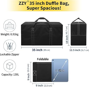 130L Extra Large Duffle Bag - 35 inch Holdall Bag Heavy Duty & Water Resistant Travel Bag Durable Luggage Storage Bag for Camping, Sports (Black)