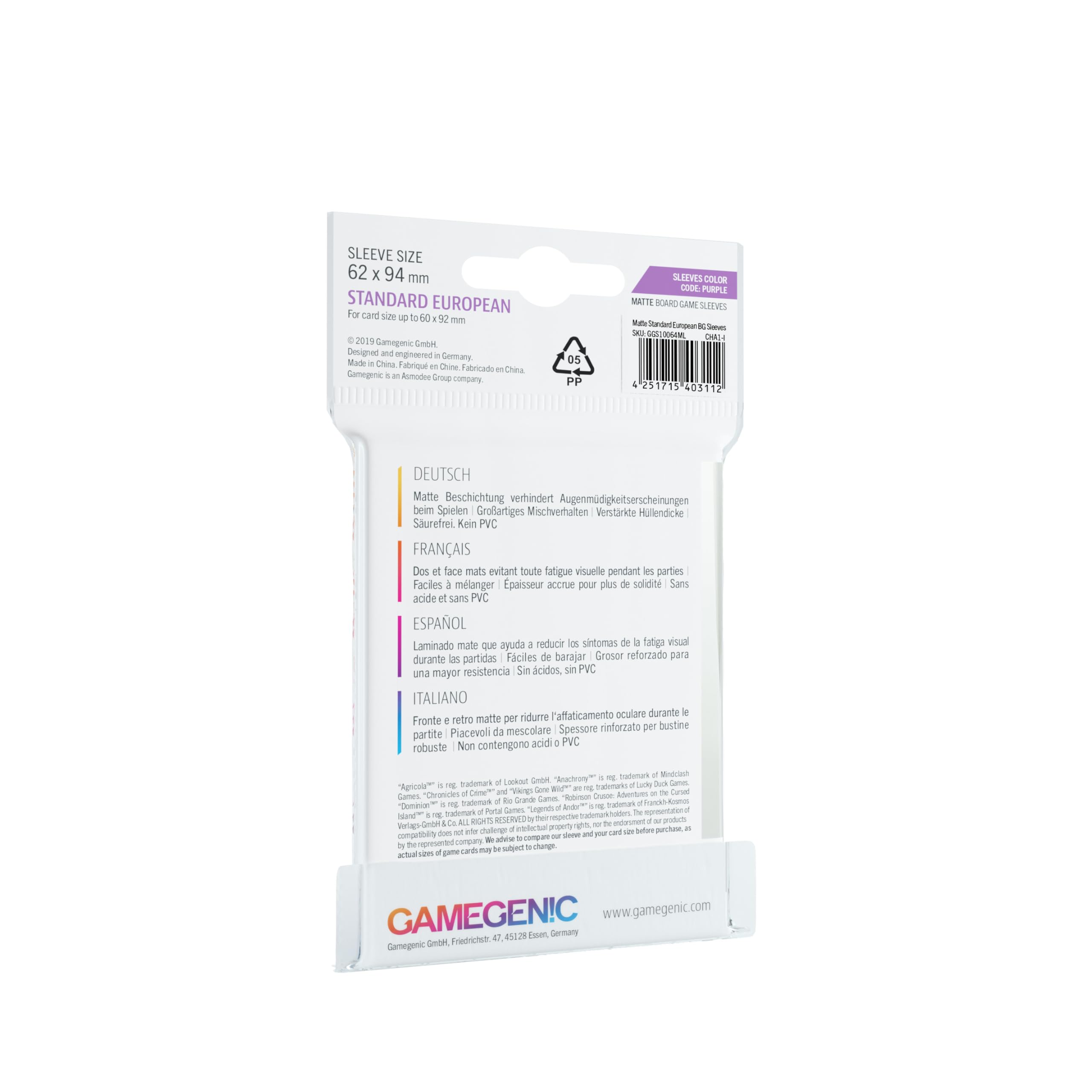 GAMEGEN!C- Matte Standard European Sized Sleeves 62 x 94 mm (50), Clear Colour (GGS10064ML)