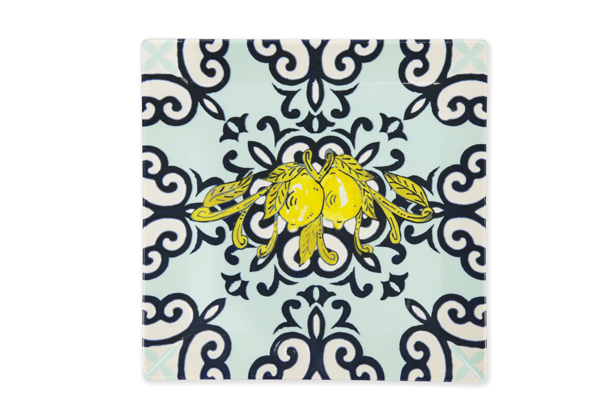 Excelsa Amalfi Servizio Piatti Quadrati in Ceramica, Set 18 Pezzi con Decorazione Limoni e Fregi Blu