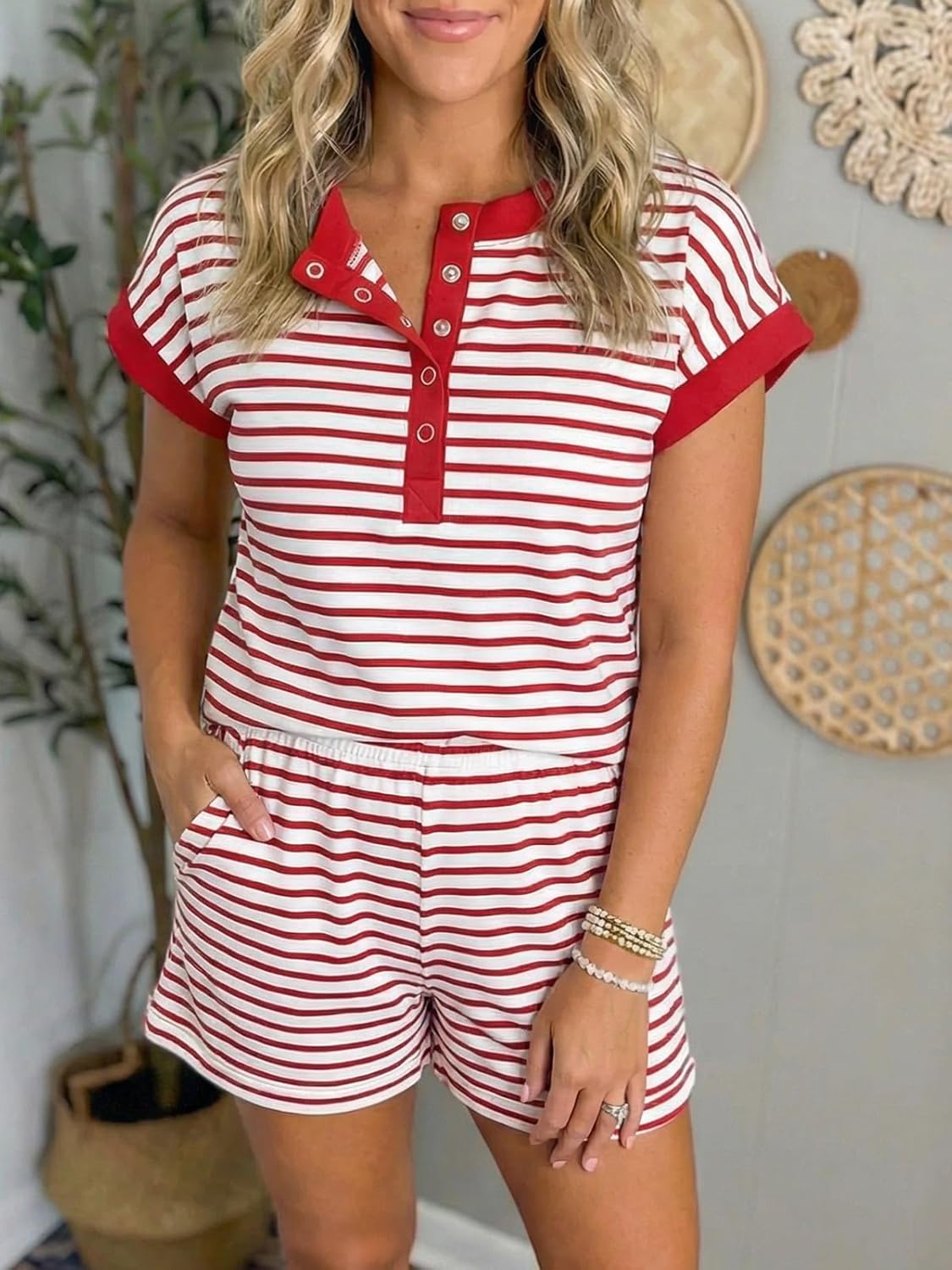 Fisoew Womens Striped 2 Piece Outfits Shorts Sets Casual Button Henley Shirts Tops Loose Workout Matching Lounge Sets