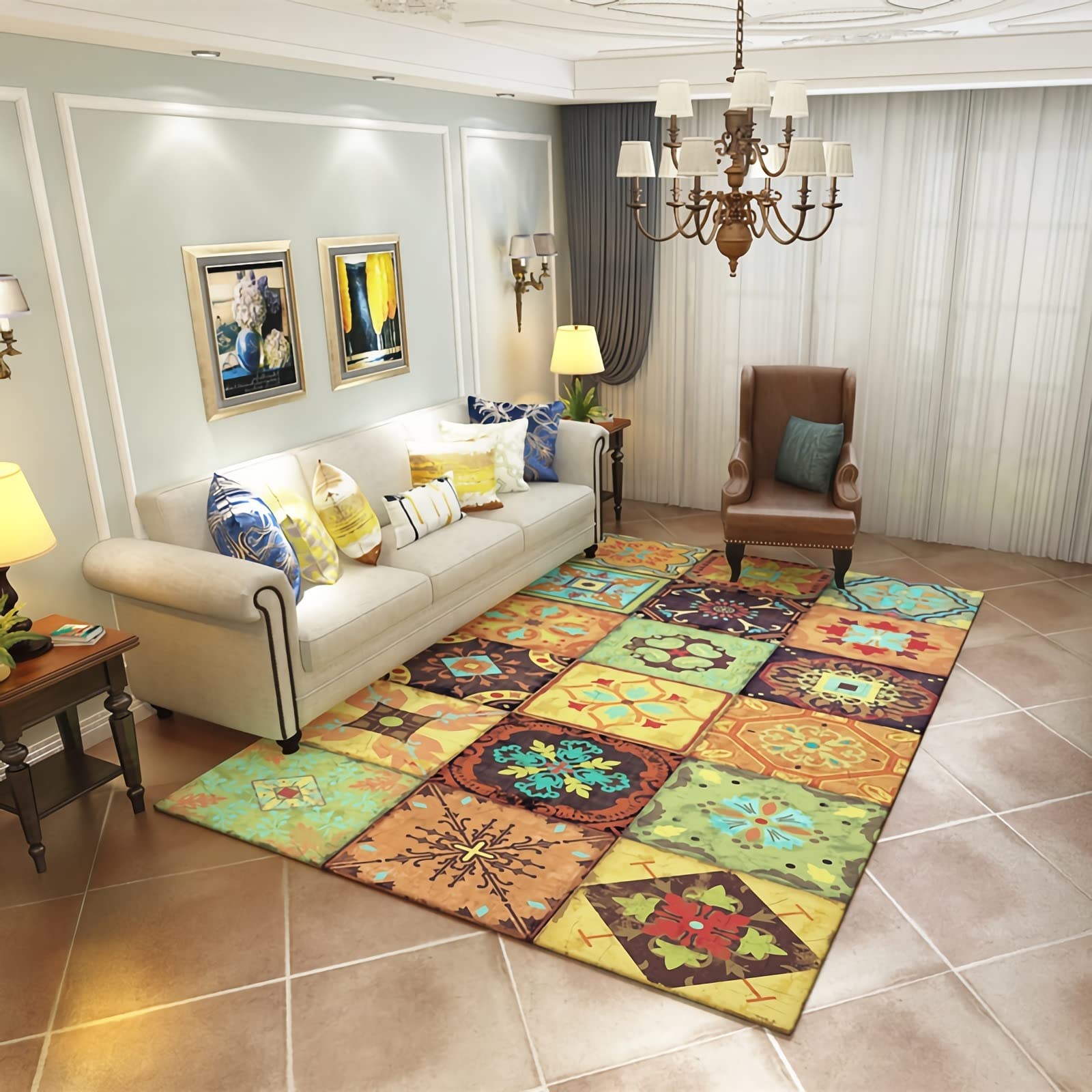 Tapis Tapis Chambre ado Motif Floral de griffonnage Vintage de Conception géométrique Vert Jaune antidérapant Tapis Tapis Chambre 60x90cm