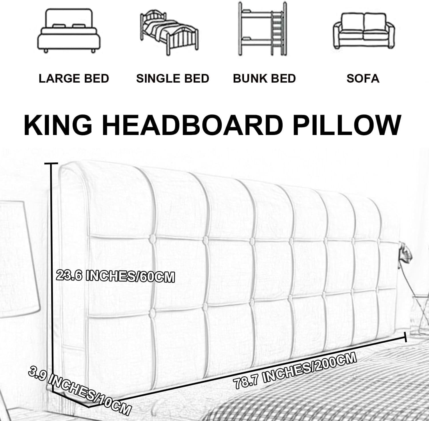 Large Backrest Bed Rest Pillowboard，Solid Color Button Headboard Pillow-Headboard Pillow Support Upholstered Rectangle Reading Pillow (Gray1,Paste 79"/King)
