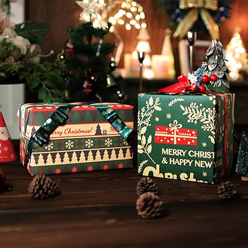 Miniatura 8 de Hojas de papel de regalo de Navidad, juego de 8 hojas de papel de regalo de Navidad reciclado, papel kraft de estraza rojo, verde y marrón con
