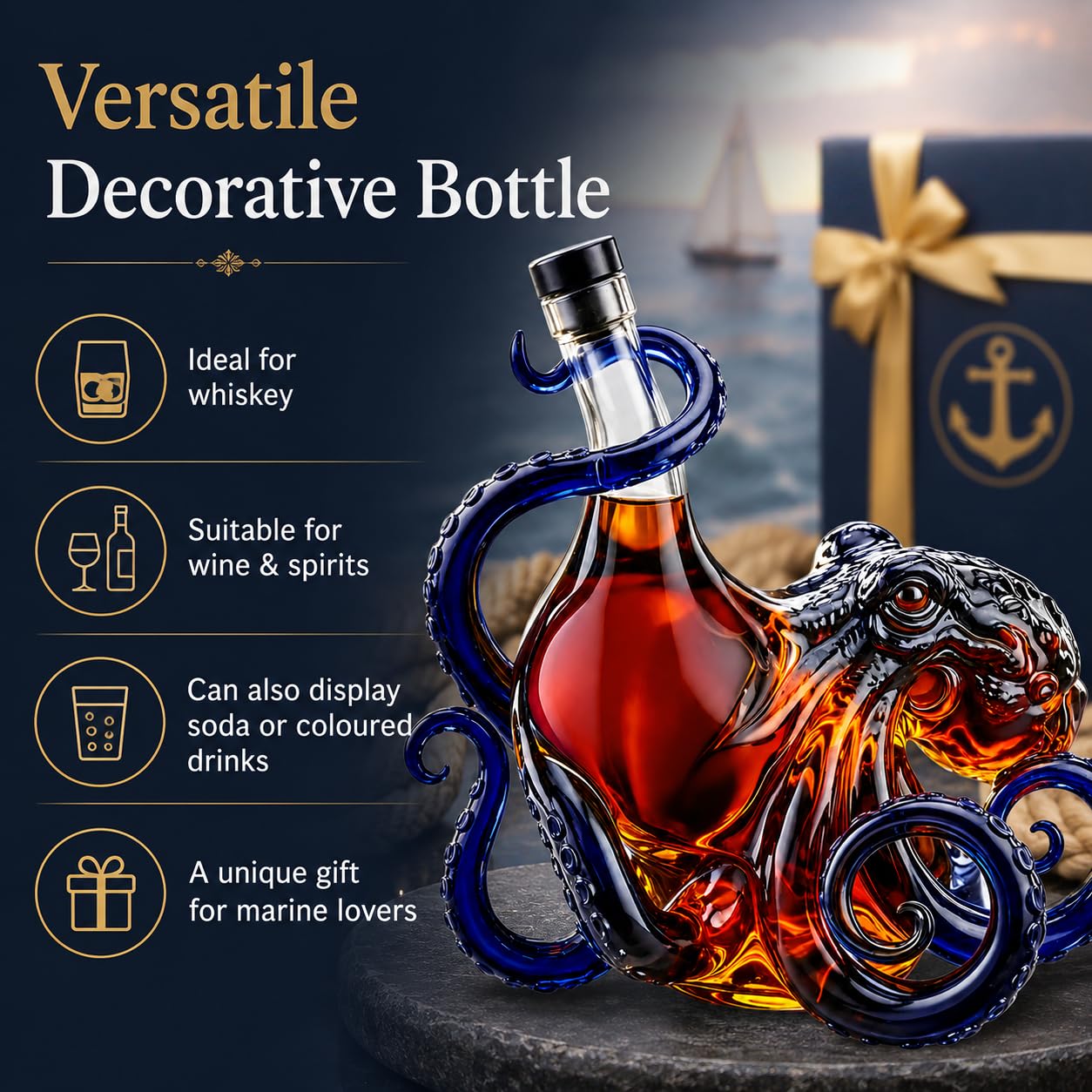 Bottiglia di vino a forma di polipo, decanter artistico in vetro 3D, decorazione nautica con tentacoli scuri, per whisky, vino, soda da 350 ml, regalo da bar a tema oceano, nero, 350 ml
