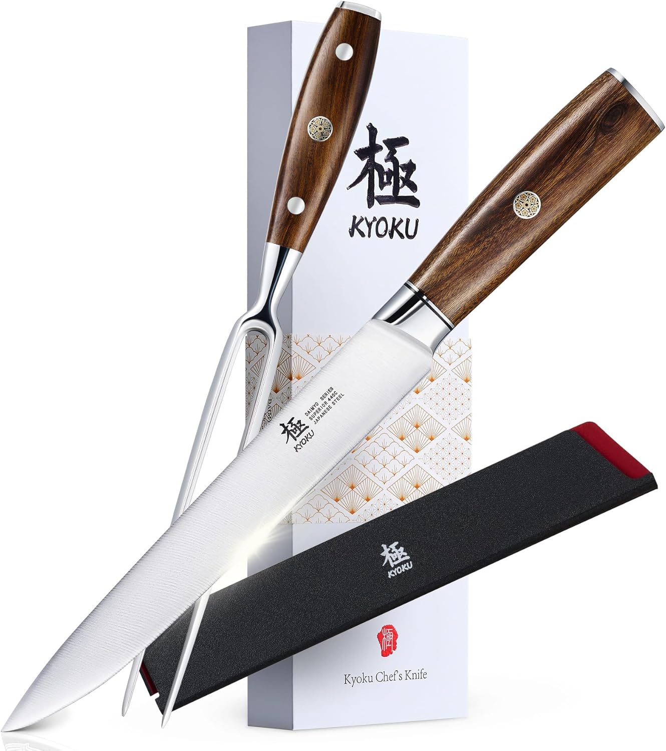 KYOKU Carving Knife Set, Daimyo Series 8" Carving Knife and Fork, Japanese Style 440C Stainless Steel Meat Cutting Knife for Winter Christmas Turkey