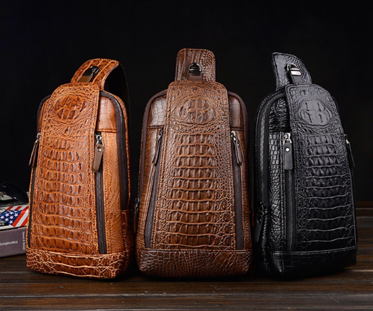 Mens Sling Bags Crocodile PU Shoulder Crossbody Chest Bag Satchels Hiking Daypack Brown