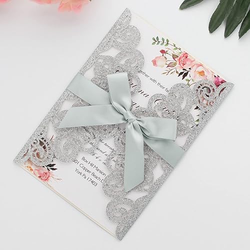 Miniatura 5 de Kyutong 50 invitaciones de boda con sobres y tarjetas Rsvp invitaciones de corte láser con purpurina plateada con cintas plateadas para invitaciones