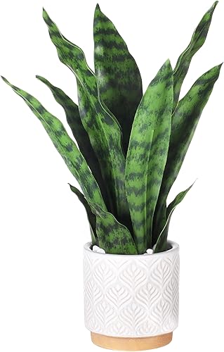 Plantas artificiales de serpiente de 16 pulgadas con maceta de cerámica blanca Sansevieria, planta de serpiente falsa, planta sintética en maceta