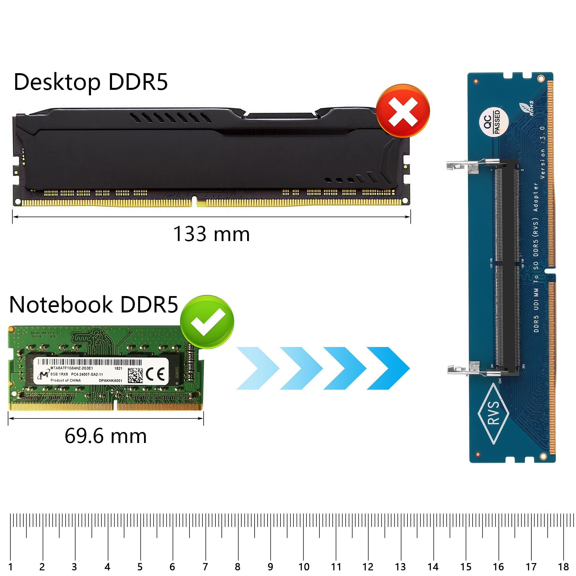 GINTOOYUN Desktop ddr5 to Laptop ddr5 Carte Adaptateur ddr5 U - DIMM to So ddr5 (RVS) Adaptateur, Module de mémoire ddr5 pour Ordinateur de Bureau et Ordinateur Portable