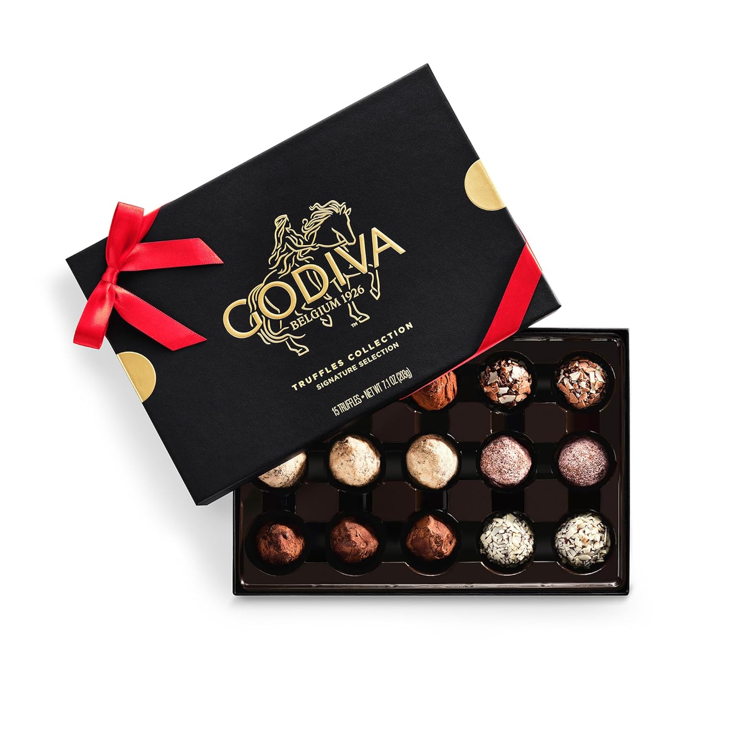 Godiva Red Bow Signature Truffel Geschenkdoos, Belgian Pure en Melk Chocolade met Ganache Centra, Gourmet Vakantie Gift, Non-GMO & Kosher, 15 st