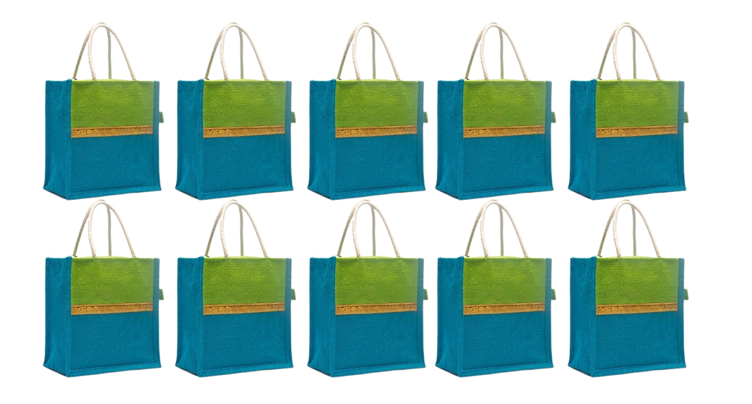 Soman Jute Ecofriendly Return Gift Bags with Zip Green Blue Combo Pack of 10 Bags