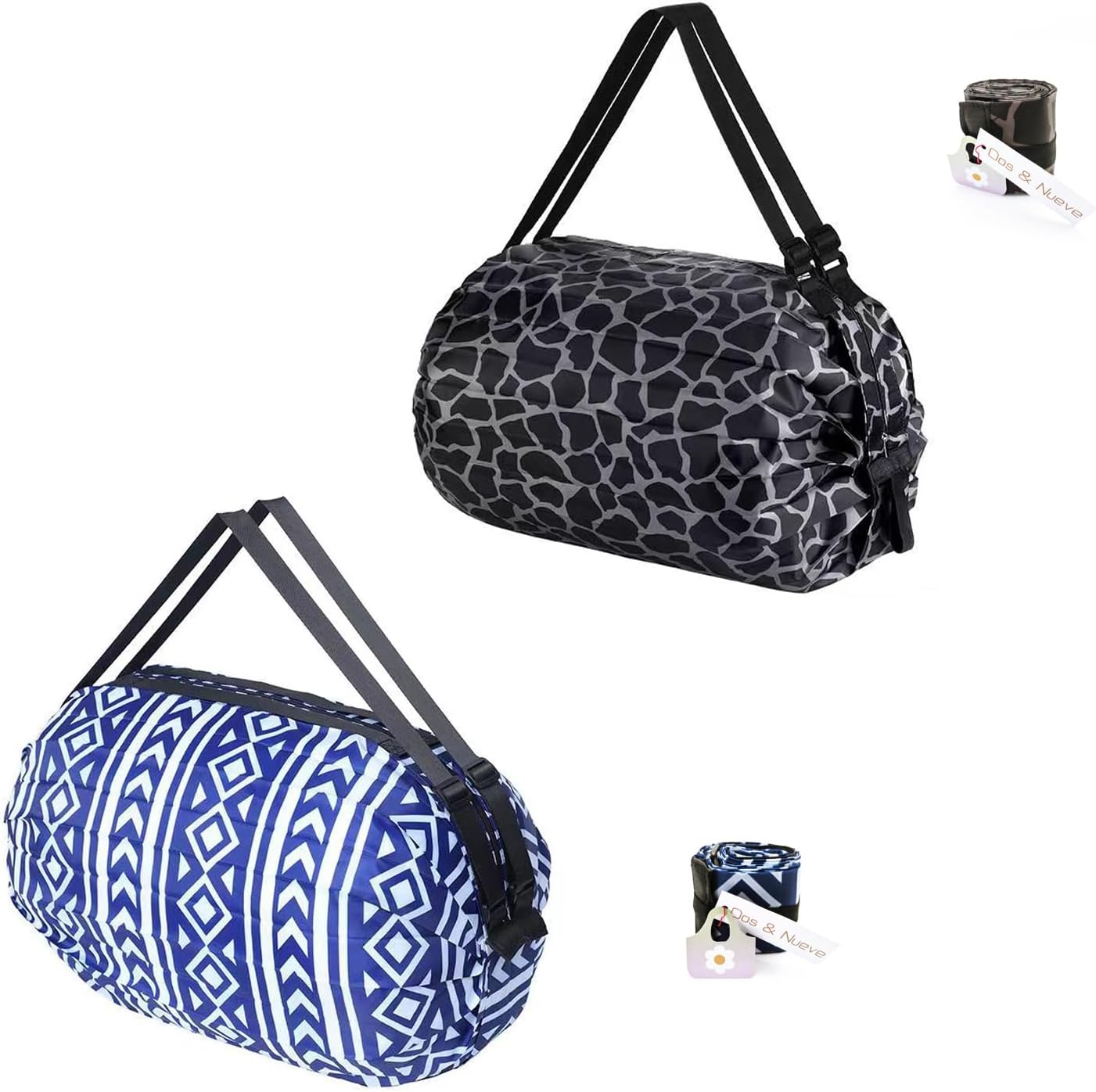 Dos & Nueve, 2 Pack Portable Folding Duffel Bag, Large Capacity Multipurpose Storage Bag for Shopping，Sports and Traveling (Black & Blue)
