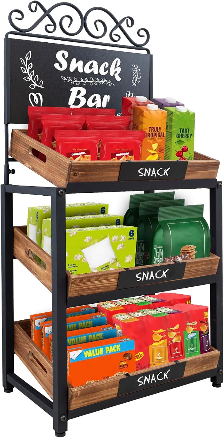 MyGift Fruit Stand and Farm Stand with Burnt Wood Trays,Bread Display Shelf, 3-Tier Vintage Metal Design with Chalkboard Signs
