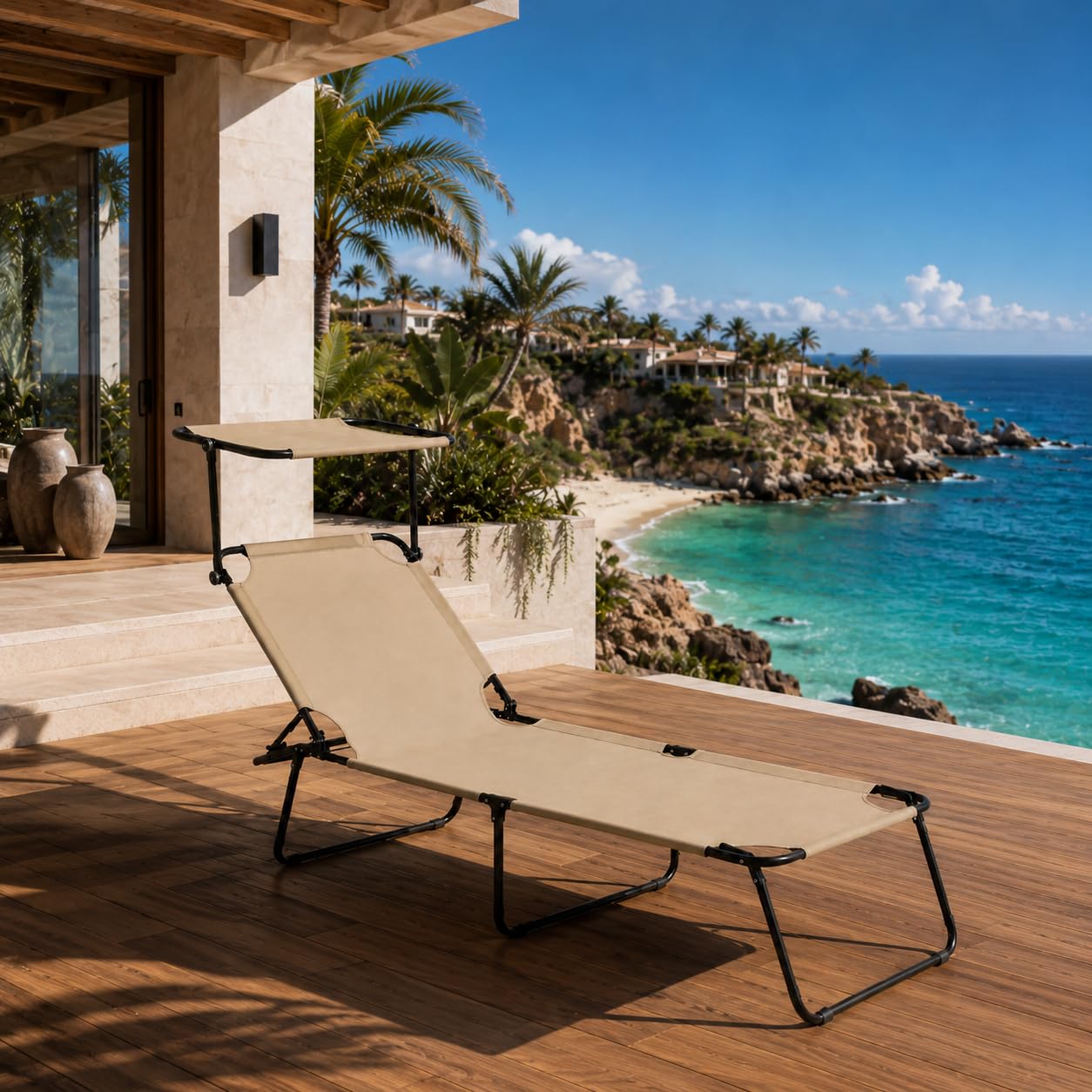 Lettino Pieghevole Con Tettuccio Regolabile Prendisole Parasole Schienale Reclinabile Regolabile Struttura In Metallo Nero Sedia Sdraio Per Spiaggia Mare Giardino Piscina 187 x 53 x 24 Cm (Beige)