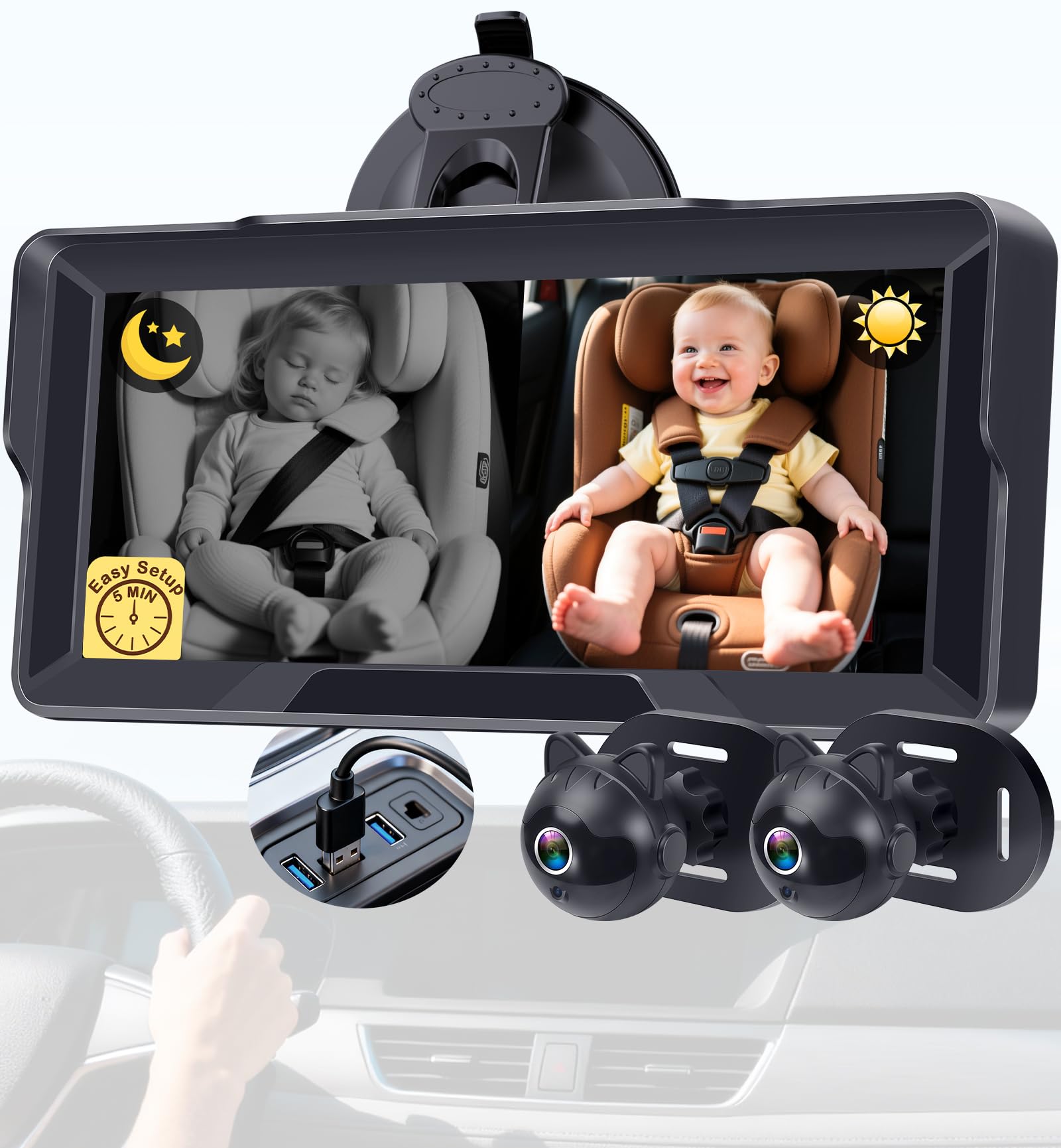 Thybro 1080P Dual Baby Car Camera: 6.8" Night Vision Monitor 2-Kids from Head to Toe at Once - USB Plug & Play Tool-Free Easy Setup for Two-Child Families on Daily Driving - 2