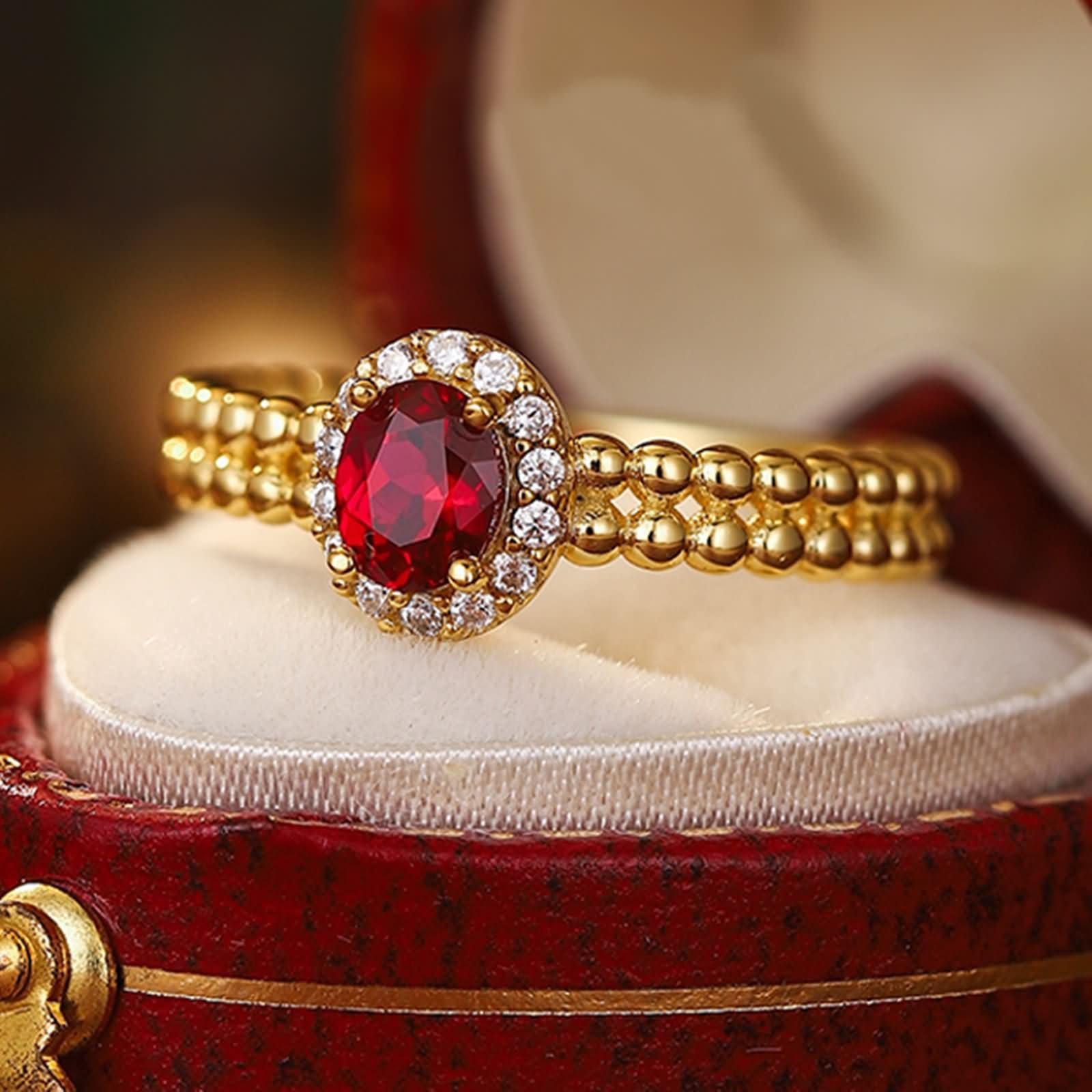Anillos de Mujer Compromiso Oro 9K / 14K / 18K, 4 Garras Oval con Rubí de 0,5 ct y Moissanita, Anillo de Eternidad Oro Mujer