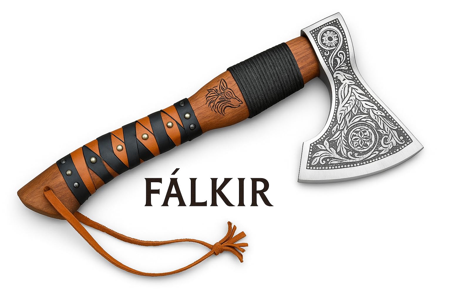 Novahaven Falkir – Hacha de lujo forjada a mano al aire libre de acero inoxidable con grabado, mango de palo de rosa y funda de cuero – Hacha de camping estilo vikingo, hacha de bushcraft, idea de