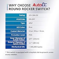 Vista 2 de AutoEC Interruptor basculante con carcasa de 12 V 20 A, interruptor redondo con luz azul, SPST On/Off, 3 pines con soporte para panel, soporte