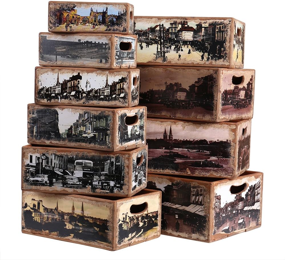Hollyberry Home Set of 10 Rectangular Boxes-Coventry, Wood, Multicolour, 52.5 x 38.5 x 21.5 cm