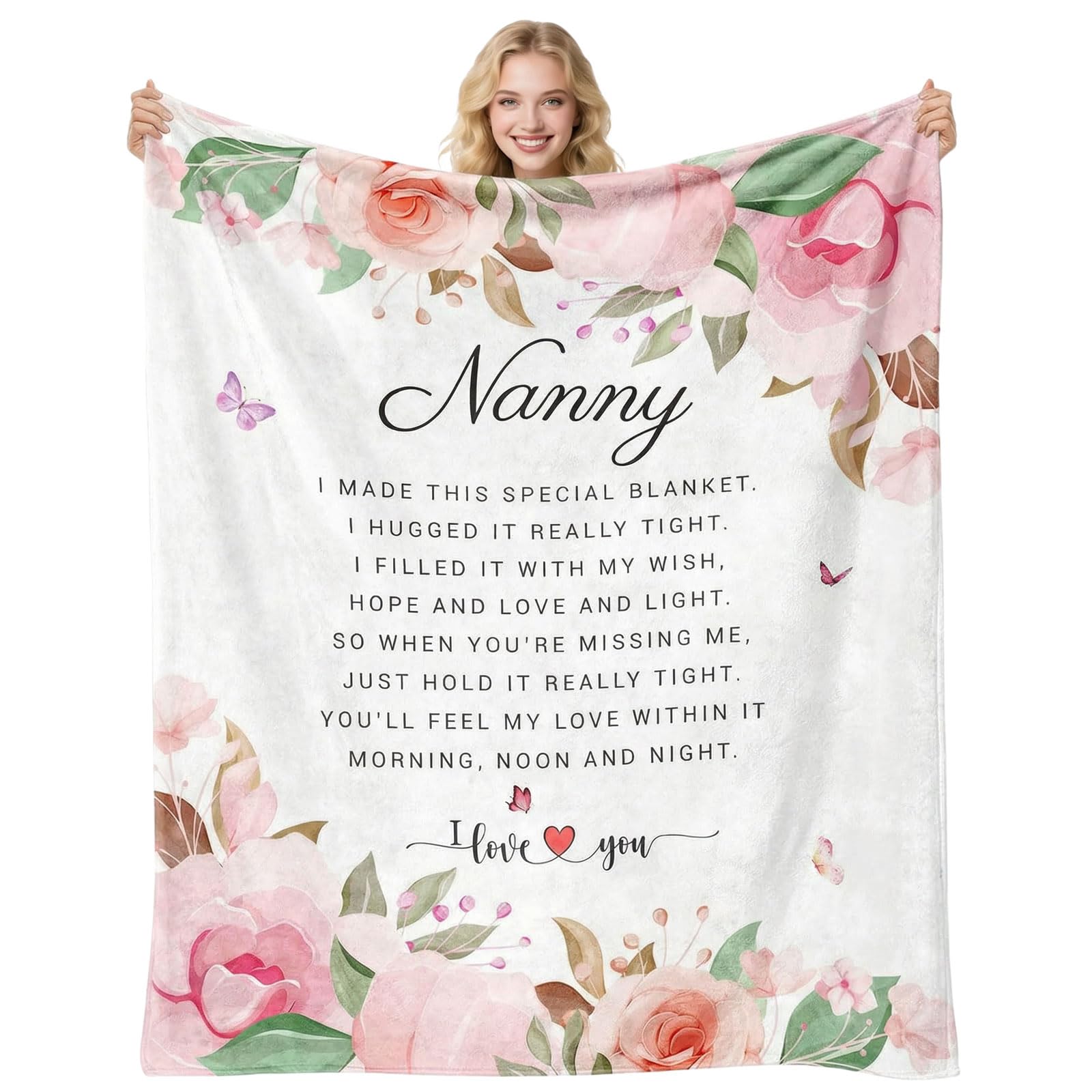 twirush Gifts for Nanny, 50" x 60" Flannel Throw Blanket, Nanny Gifts from Grandchildren, Unique Design Blanket for Nanny on Birthday, Cozy Floral Print Flannel Throw Blankets
