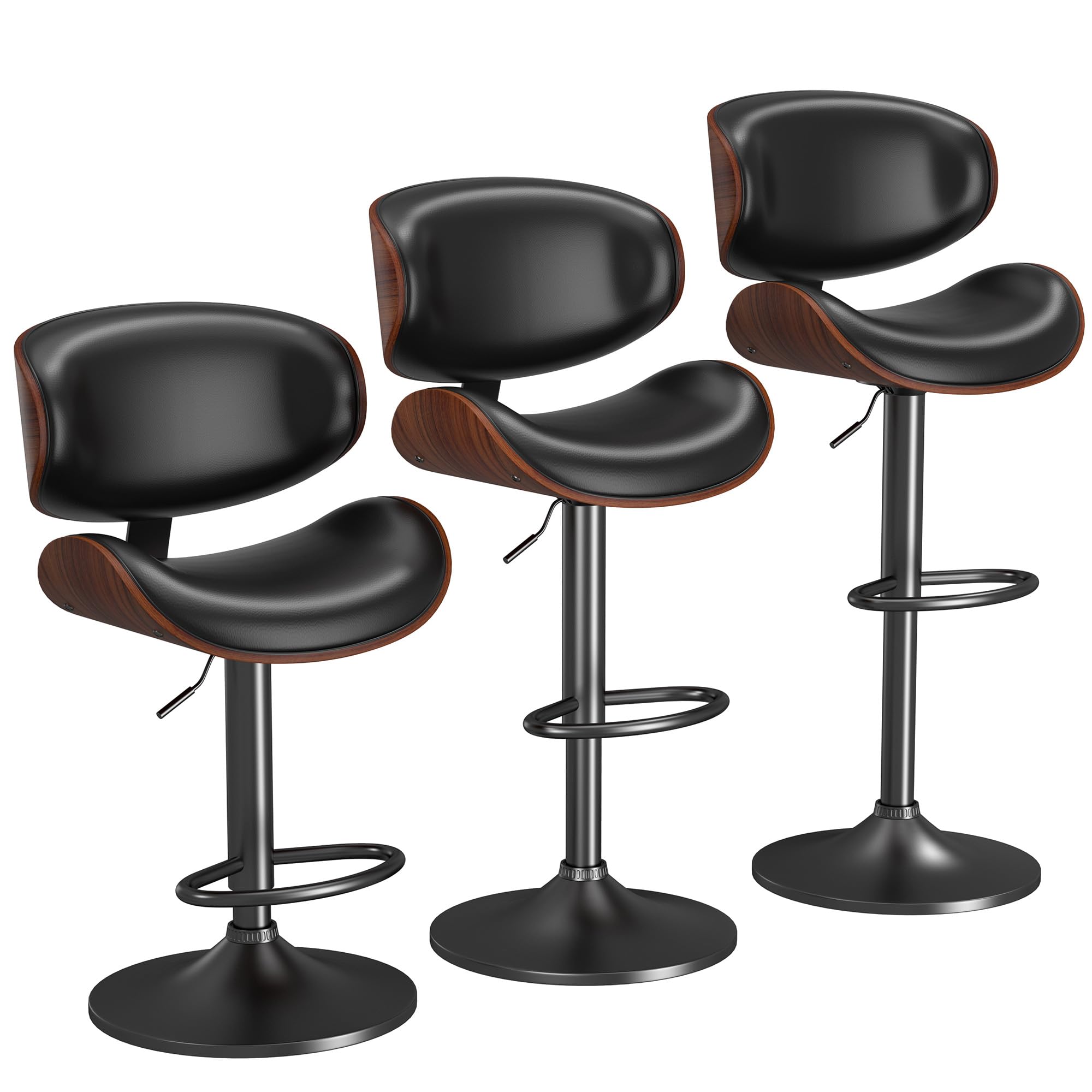 YaFiti Bar Stools Set of 3, Barstools for Kitchen Island with Bentwood Back and Leather Seat, Swivel Stools for Kitchen Counter, Bar, Pub, Black