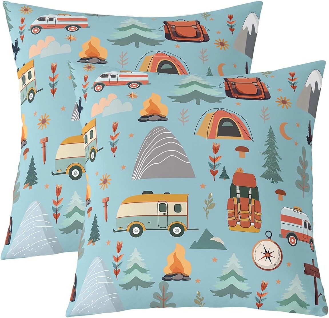 jejeloiu Happy Camping Throw Pillow Covers Set of 2 Kids Boys Girls 16 x 16-Inch Outdoor Travel Cushion Case Travel Bag Tent Print Decor Pillowcase Travel Trailers Themed Indoor Outdoor Camping Gifts