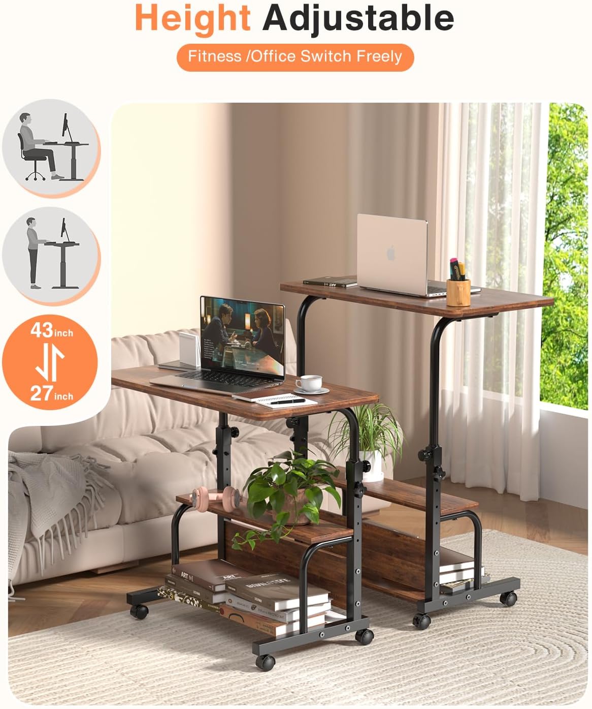 Portable Rolling Desk on Wheels Small Standing Desk Adjustable Height Desks with Wheels for Small Spaces, 32" Computer Desk with Storage Shelves for Home Office Study,Rustic - Image 6