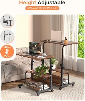 QZMDSM Portable Rolling Desk on Wheels Adjustable Height Desks for Small Spaces, 32 Computer Desk Drafting Tables with Storage Shelves for Home Office Rustic