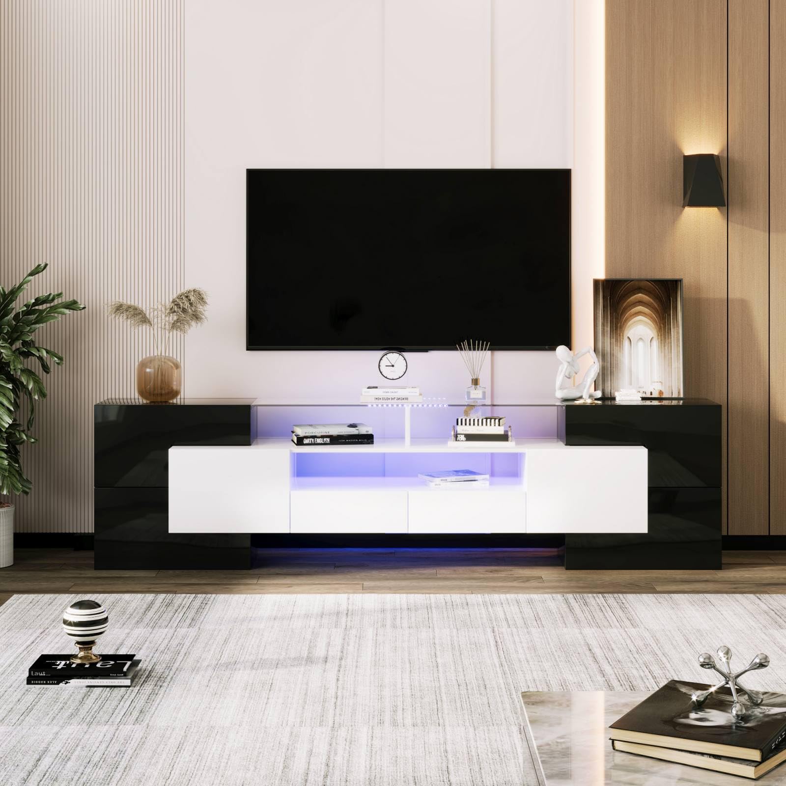 Sweiko Meuble TV Bas avec éclairage LED, Commode avec Beaucoup d'espace de Rangement, Forme Unique avec Surfaces en Verre, Design Moderne (Black, 200 L x 35 B x 60 H)