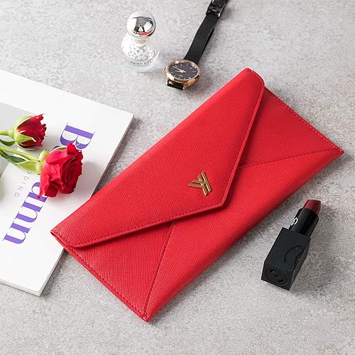 Miniatura 2 de YBONNE Cartera larga RFID que bloquea el bolso del sobre de las mujeres, hecho de cuero Saffiano (rojo)