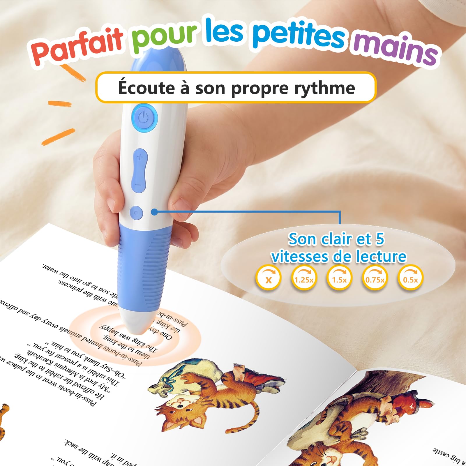 Stylo Audio Interactif avec 10 Livres d’Histoires en Anglais, Livres Sonores à Toucher, Histoires Audio pour Enfants, Jouet Éducatif sans Écran, Rechargeable USB-C
