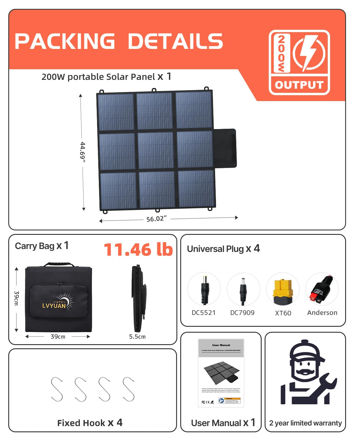 LVYUAN Pannello solare portatile da 200 W, pannello solare pieghevole da 20 V, impermeabile IP65, efficienza migliorata del 23% per generatore di centrali solari per campeggio all'aperto zaino in