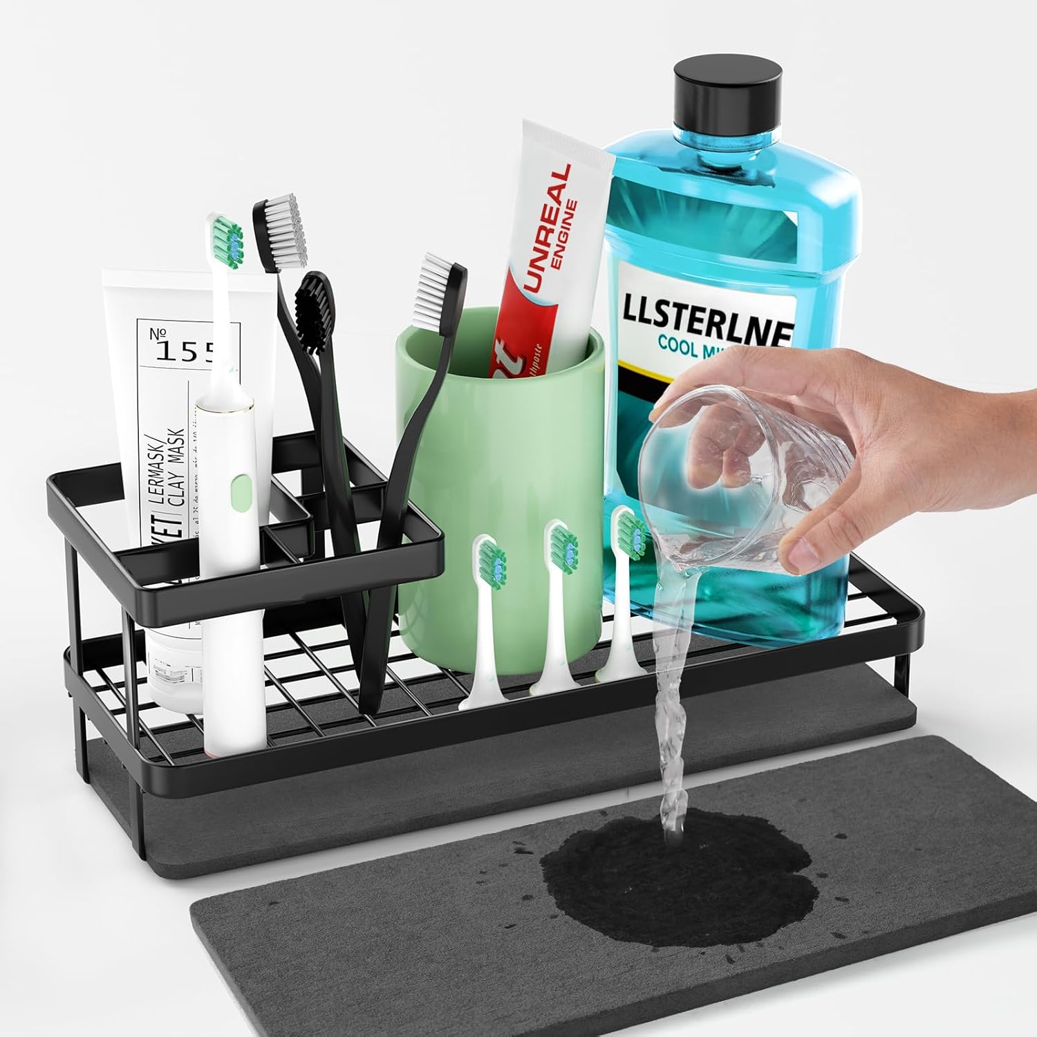 Toothbrush Holder with Water Absorbing Diatomite for Bathrooms, Carbon Steel Tooth Brushing Holder, Electric Toothbrush and Toothpaste Organizer Bathroom Accessories for Countertop (Black)