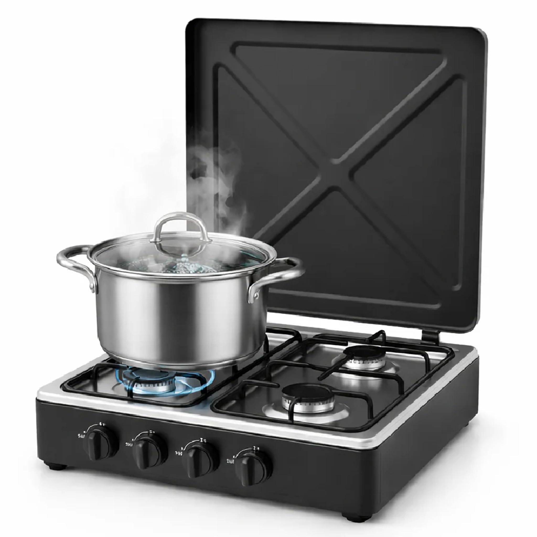 BAKAJI Piano Cottura da Campeggio a Gas con Coperchio e Quattro Fuochi, Fornellone da Cucina a 4 Bruciatori, Griglia in Acciaio Rinforzato, Regolazione della Fiamma, Ideale per Balcone, Campeggio