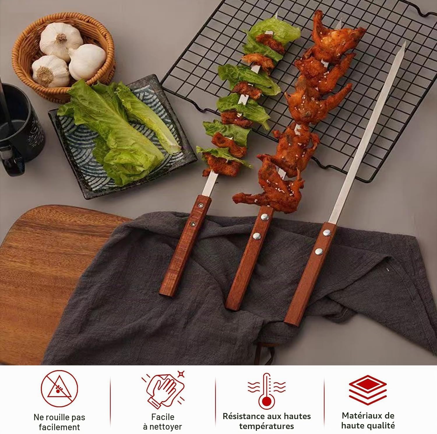 Adana Lot de 8 brochettes réutilisables 40 cm avec manche en bois, brochettes plates en acier inoxydable pour viande et légumes