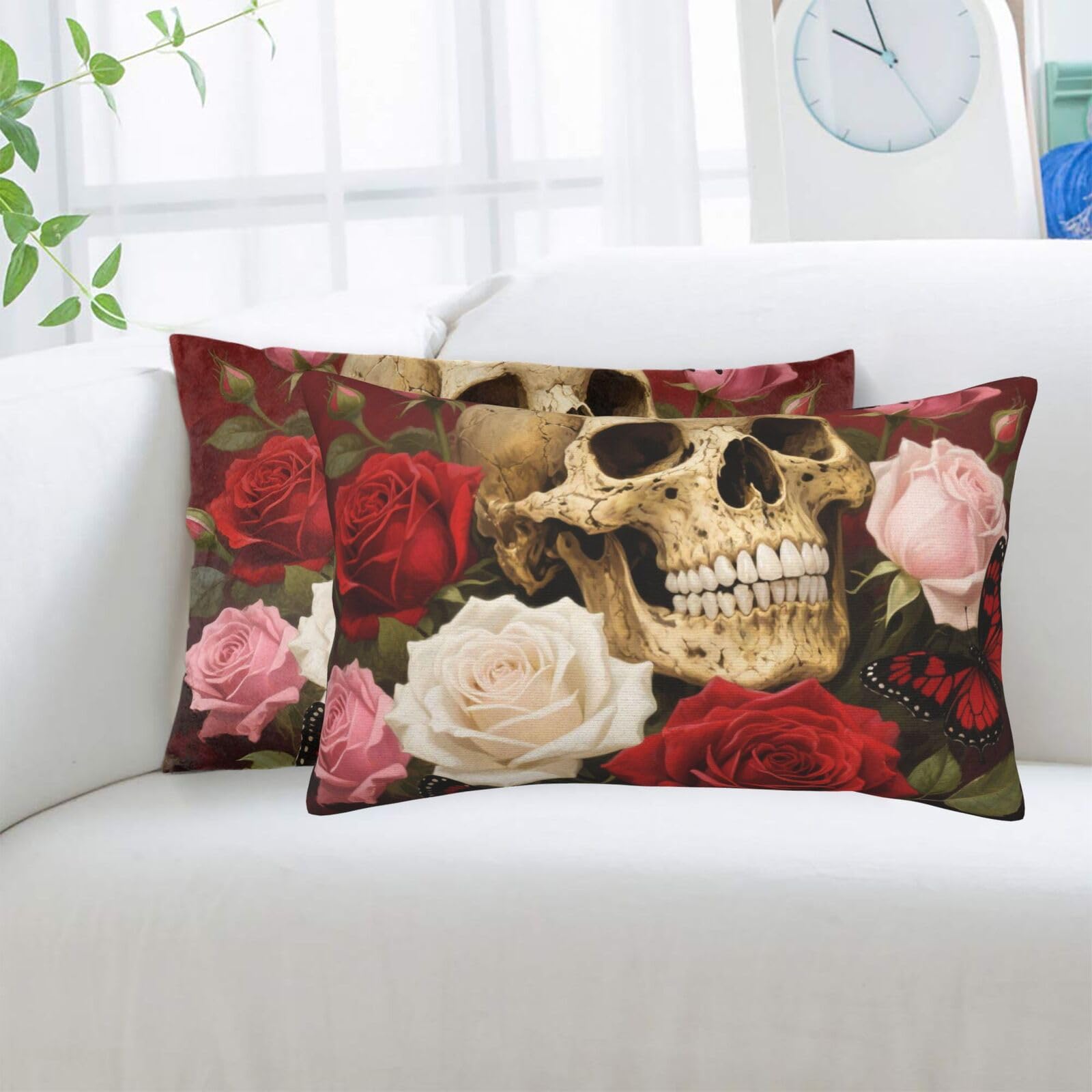 2 Pack Standard Pillowcases Sets, Ultra Soft Comfort Microfiber Plush Pillow Cases Vintage Rose Skull Decorative Throw Pillow Cover with Hidden Zipper for Bedroom, Sofa, Couch,20"X30"