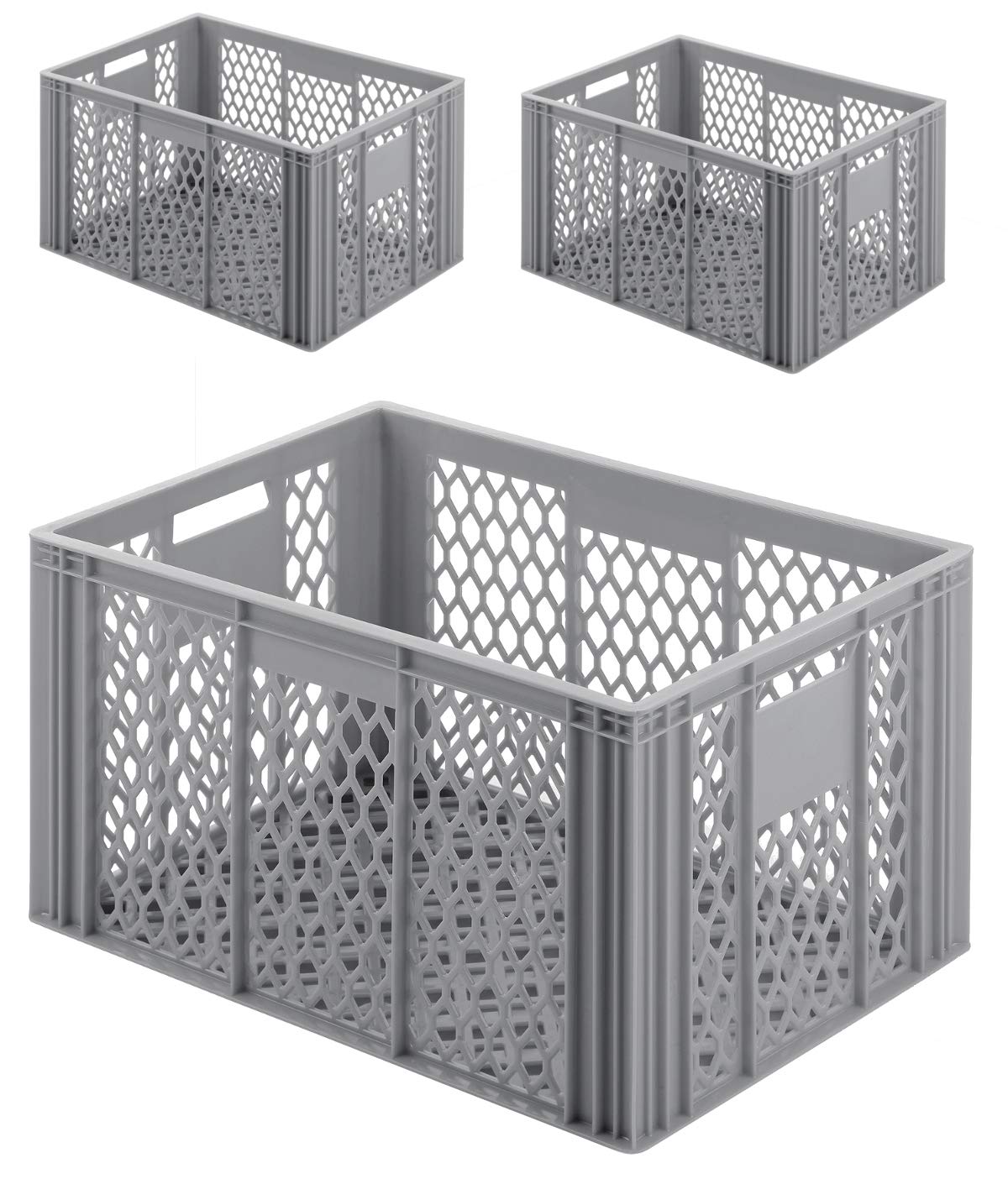Lot de 3 Gastronomie Boîte de rangement empilable Euro, 600 x 400 x 350 mm (L x l x H), parois et sol ouvert avec poignées - Convient pour un usage alimentaire gris